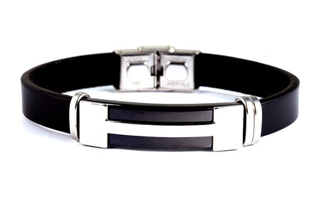 Armband leder / staal - zwart