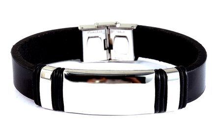 Armband leder / staal - zwart