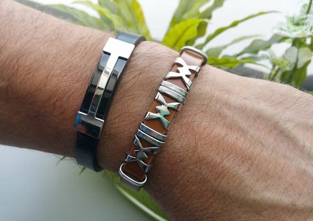 Armband leder / staal - zwart