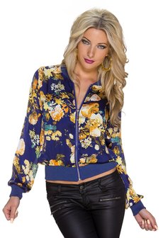 Dames bomber jack / sweatjasje met bloemenprint - donkerblauw