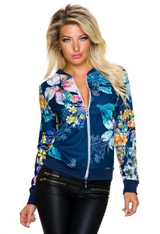 Waakzaam Extractie band Dames bomber jack / sweatjasje met bloemenprint - blauw / multicolor -  Lunamex Jewelry & Fashion