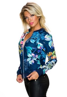 Dames bomber jack / sweatjasje met bloemenprint - blauw / multicolor