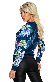 Dames bomber jack / sweatjasje met bloemenprint - blauw / multicolor