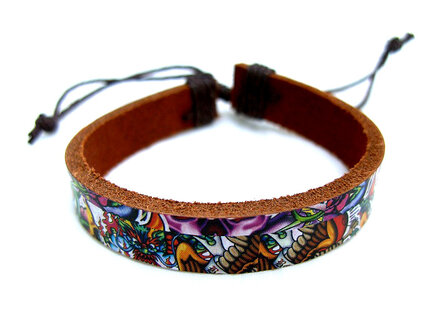 Armband echt leder met tattoo-print - bruin / multicolor