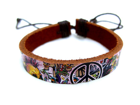 Armband echt leder met tattoo-print - bruin / multicolor