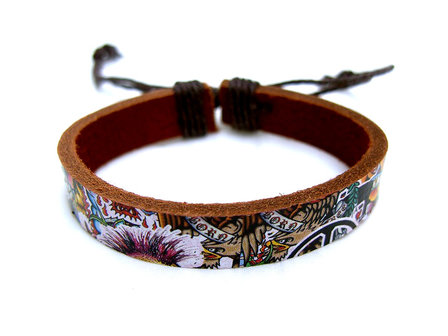 Armband echt leder met tattoo-print - bruin / multicolor