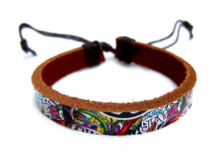 Armband echt leder met tattoo-print - bruin / multicolor