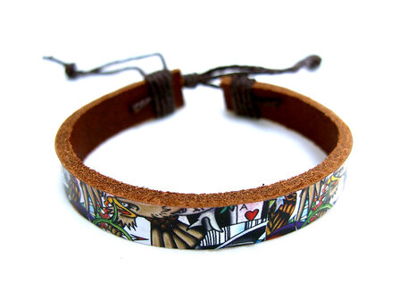 Armband echt leder met tattoo-print - bruin / multicolor