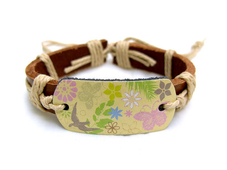 Dames armband echt leder met print - bloemen / vlinder