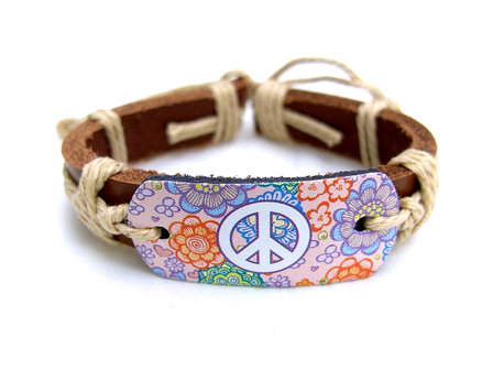 Dames armband echt leder met print - peace / bloemen