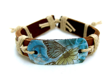 Dames armband echt leder met print - vlinder / peace