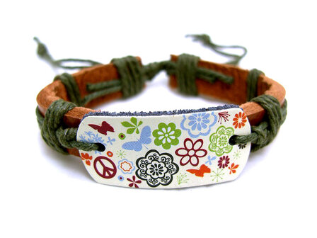 Dames armband echt leder met print - bloemen / vlinder