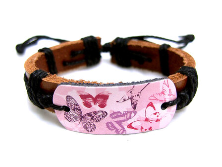Dames armband echt leder met print - vlinders
