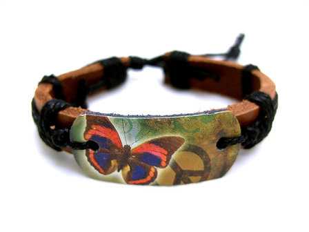 Dames armband echt leder met print - vlinder / peace