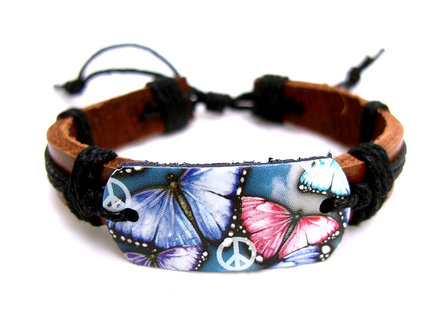 Dames armband echt leder met print - vlinder / peace