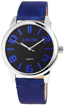 Aerostar XXL horloge met lederen band - blauw / zwart