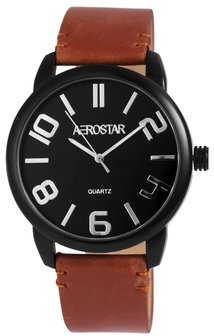 Aerostar XXL horloge met lederen band - camel / zwart