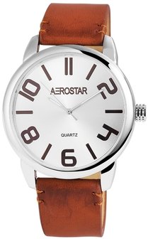 Aerostar XXL horloge met lederen band - camel / zilver