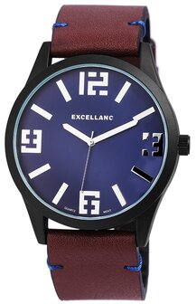 Excellanc XXL horloge met lederen band - blauw / bruin