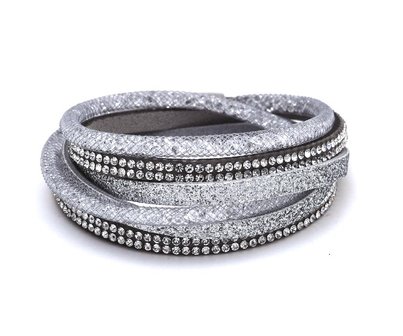 Dames armband / wikkelarmband met strass - zilver / grijs