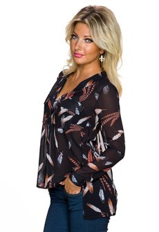 Dames blouse met veren en split-back - zwart