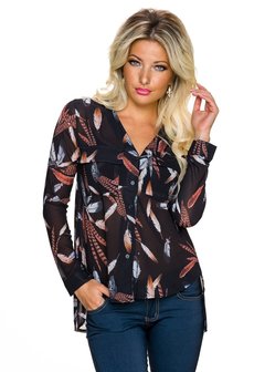 Dames blouse met veren en split-back - zwart