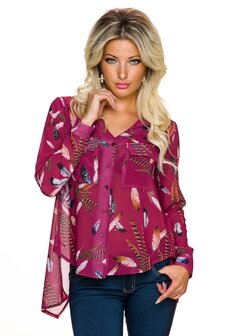 Dames blouse met veren en split-back - bordeaux