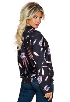 Dames bomber jack / sweatjasje met veren - zwart