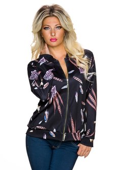 Dames bomber jack / sweatjasje met veren - zwart