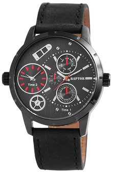 Raptor dualtime XXL horloge met lederen band - zwart / rood