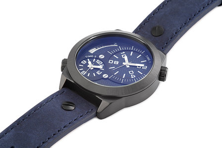 Raptor dualtime XXL horloge met lederen band - blauw