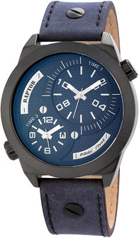 Raptor dualtime XXL horloge met lederen band - blauw