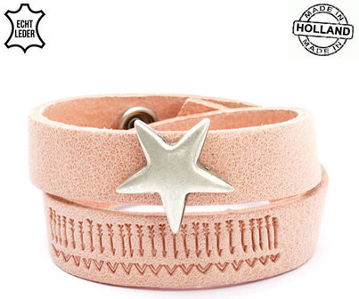 Dames armband echt leder met ster (handmade in Holland) - zalm