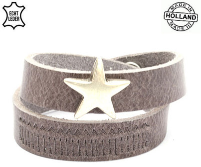 Dames armband echt leder met ster (handmade in Holland) - bruin