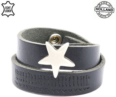 Dames armband echt leder met ster (handmade in Holland) - zwart