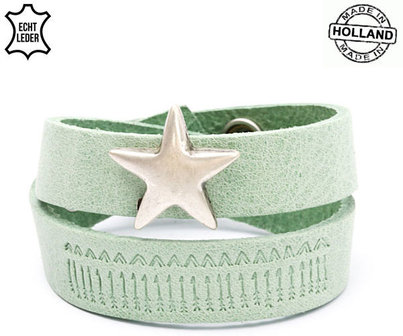 Dames armband echt leder met ster (handmade in Holland) - groen