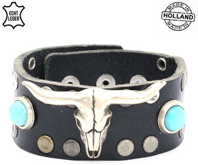 Brede armband echt leder met buffalo skull (handmade in Holland) - zwart