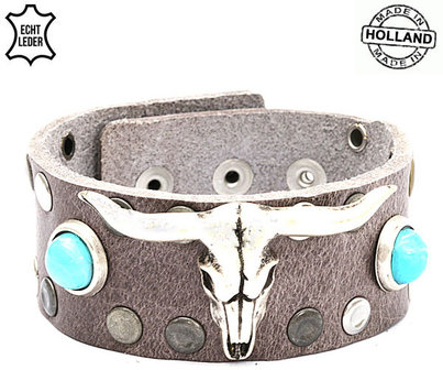 Brede armband echt leder met buffalo skull (handmade in Holland) - bruin