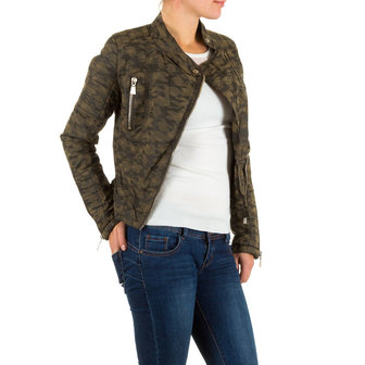 Dames biker jas / leatherlook jack army - legerprint / groen