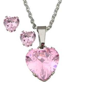 Set ketting &amp; oorbellen edelstaal - hart / roze