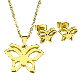 Set ketting &amp; oorbellen edelstaal - vlinder / goud