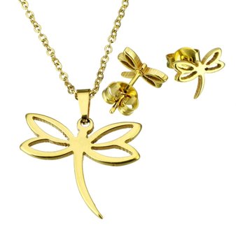 Set ketting &amp; oorbellen edelstaal - libelle / goud