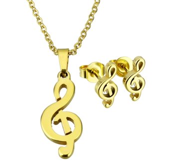 Set ketting &amp; oorbellen edelstaal - G-sleutel muziek / goud