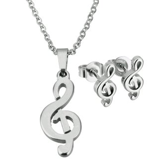 Set ketting &amp; oorbellen edelstaal - G-sleutel muziek / zilver