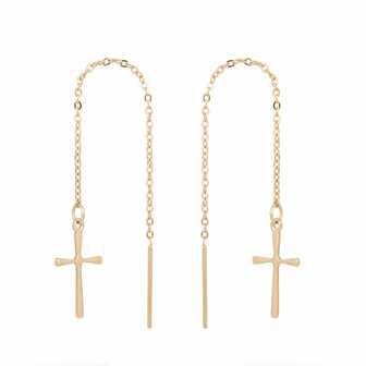 Oorhangers chain / oorbellen met ketting kruis - edelstaal gold plated