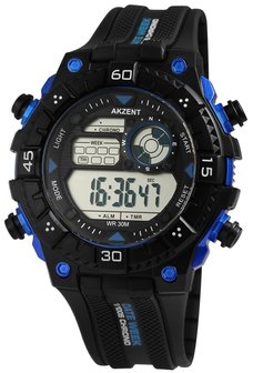 Akzent digitaal horloge met rubberen band - zwart / blauw