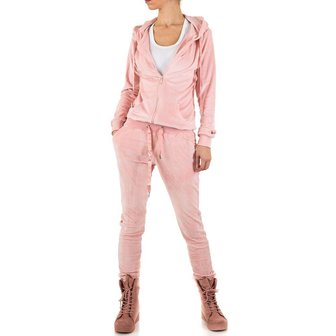 Dames velvet huispak / velours joggingpak - roze