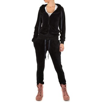 Dames velvet huispak / velours joggingpak - zwart