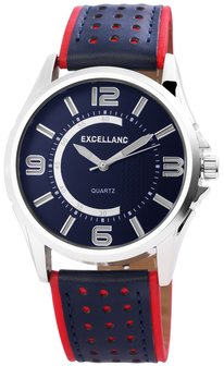 Excellanc XXL herenhorloge met lederen band - rood / donkerblauw