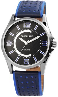 Excellanc XXL herenhorloge met lederen band - zwart / blauw